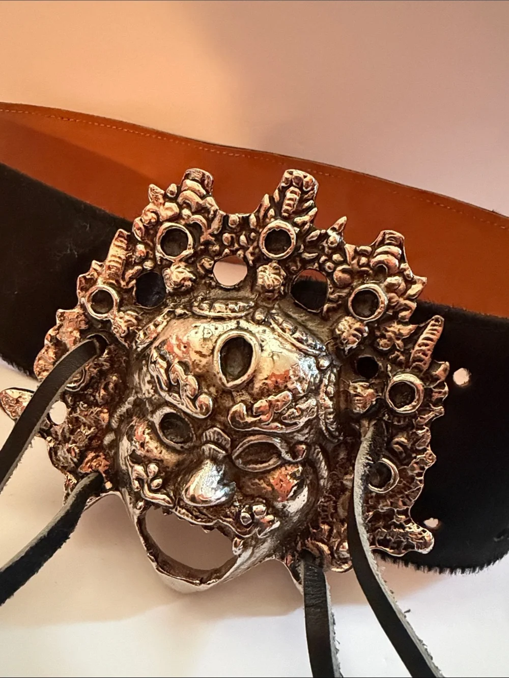 Vintage Tano Spain Black Hair-On Leather Belt Ornate Mask Statement Buckle